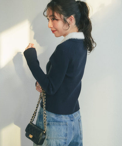 毛絨翻領羅紋針織開衫