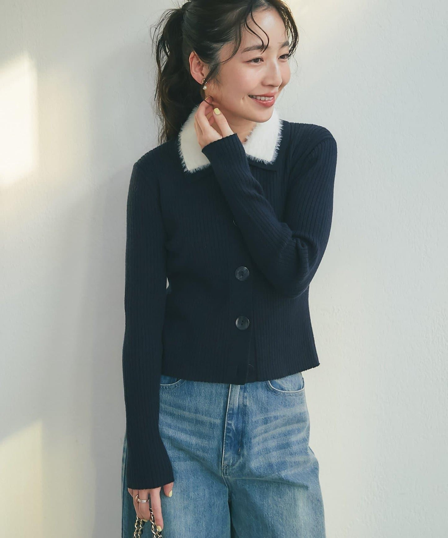 毛絨翻領羅紋針織開衫