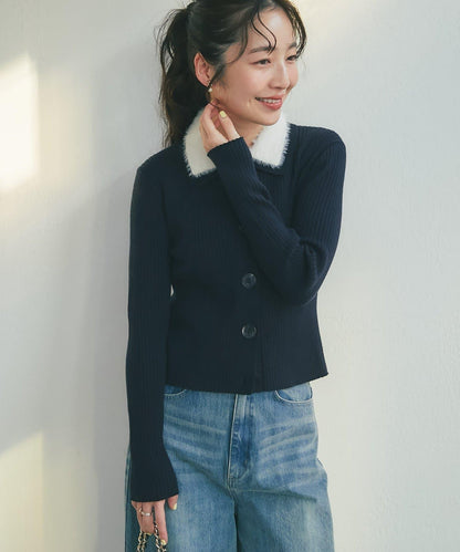 毛絨翻領羅紋針織開衫