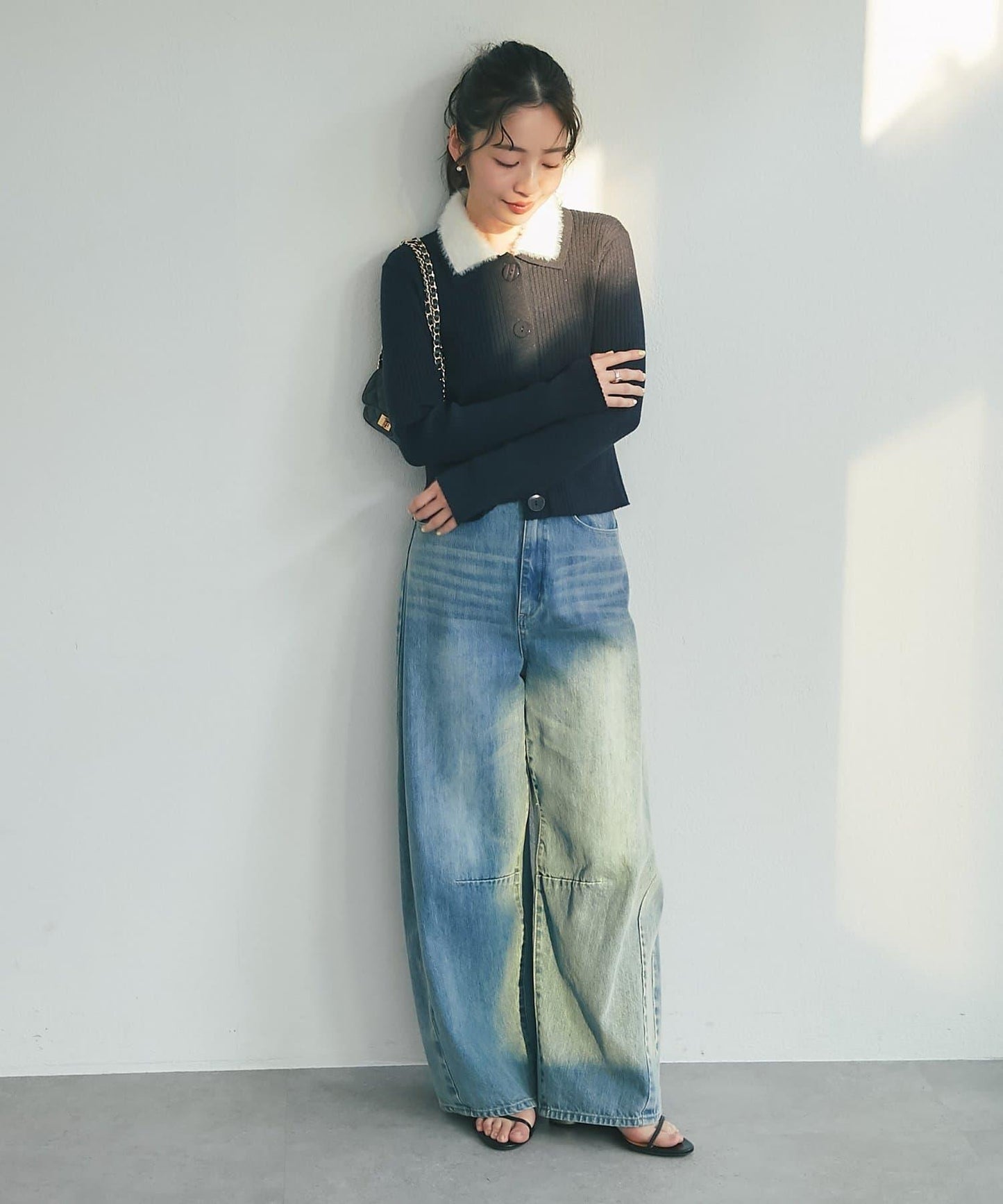 毛絨翻領羅紋針織開衫