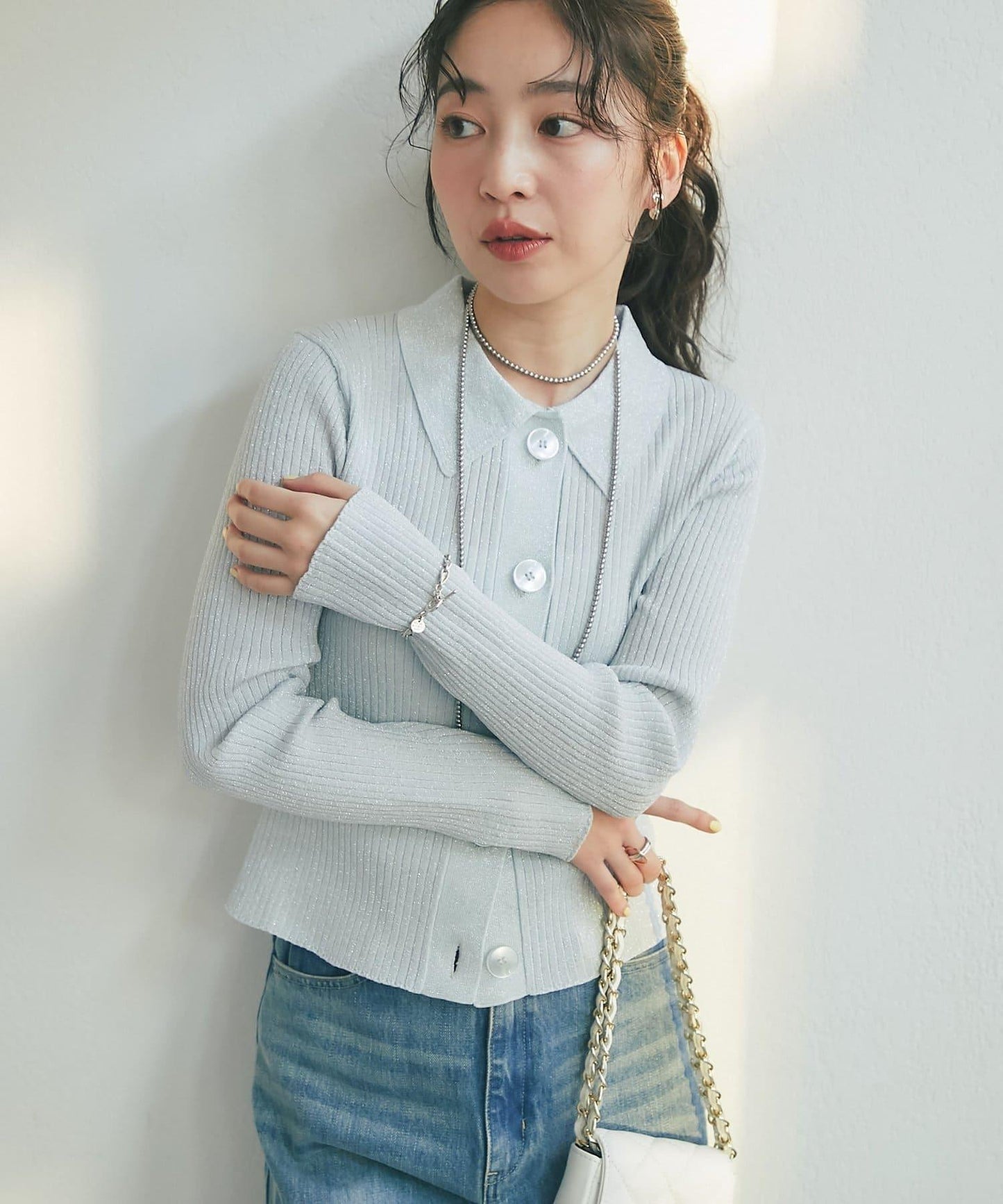 亮絲羅紋翻領開衫