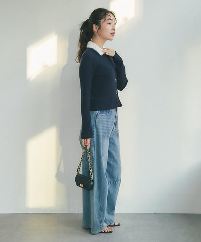 毛絨翻領羅紋針織開衫