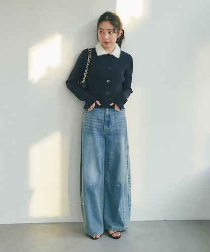 毛絨翻領羅紋針織開衫