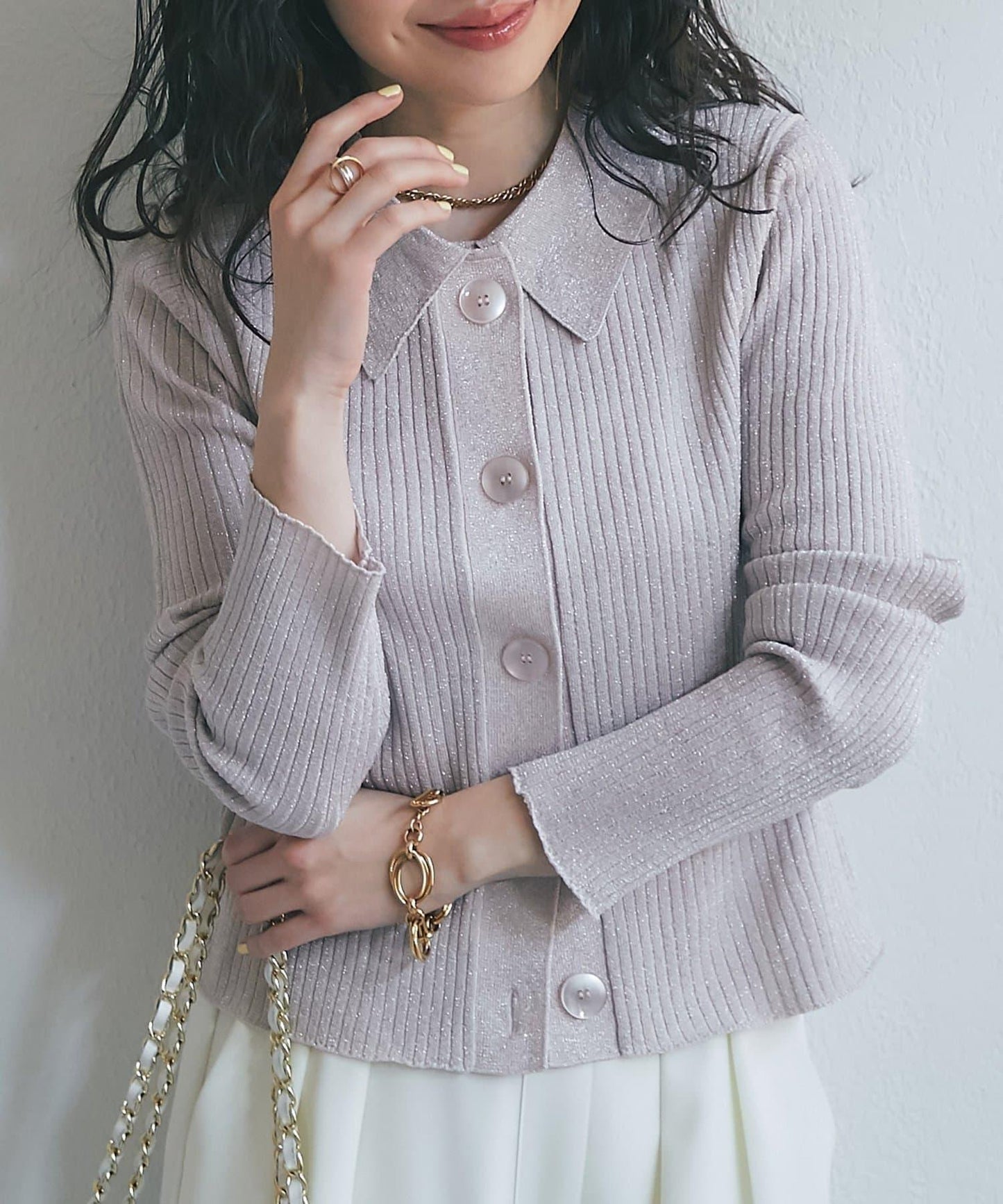 亮絲羅紋翻領開衫