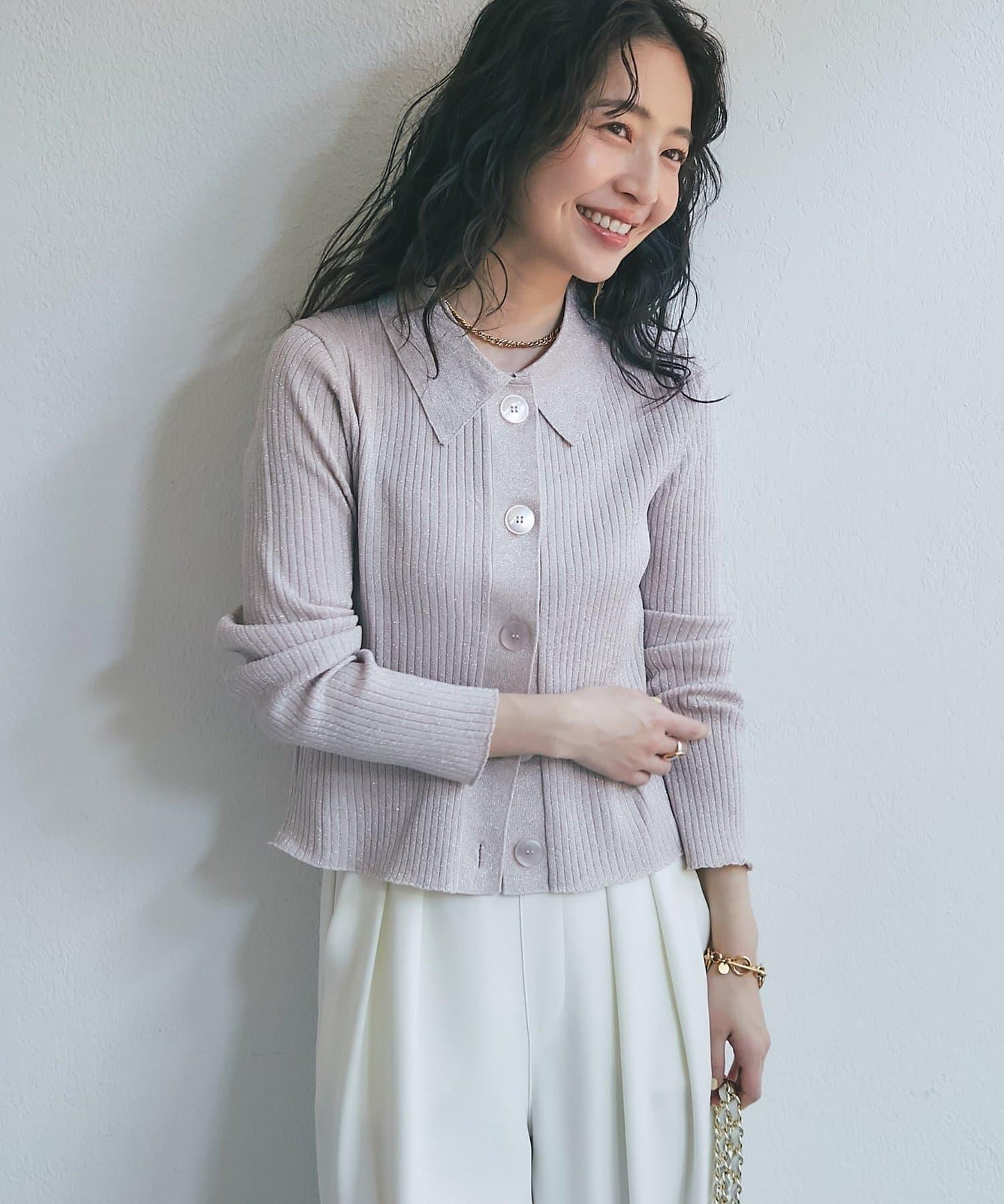 亮絲羅紋翻領開衫