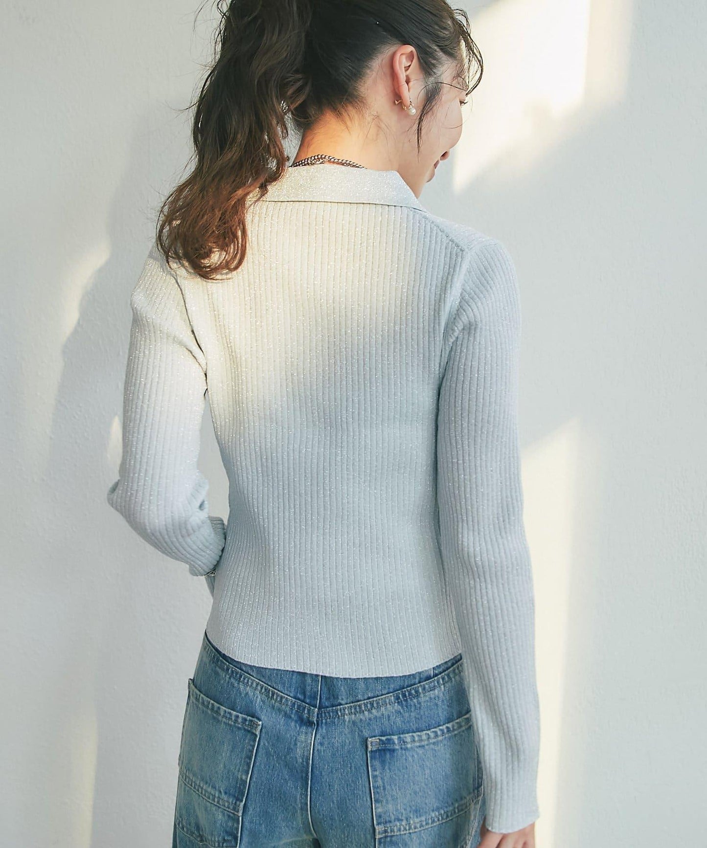 亮絲羅紋翻領開衫