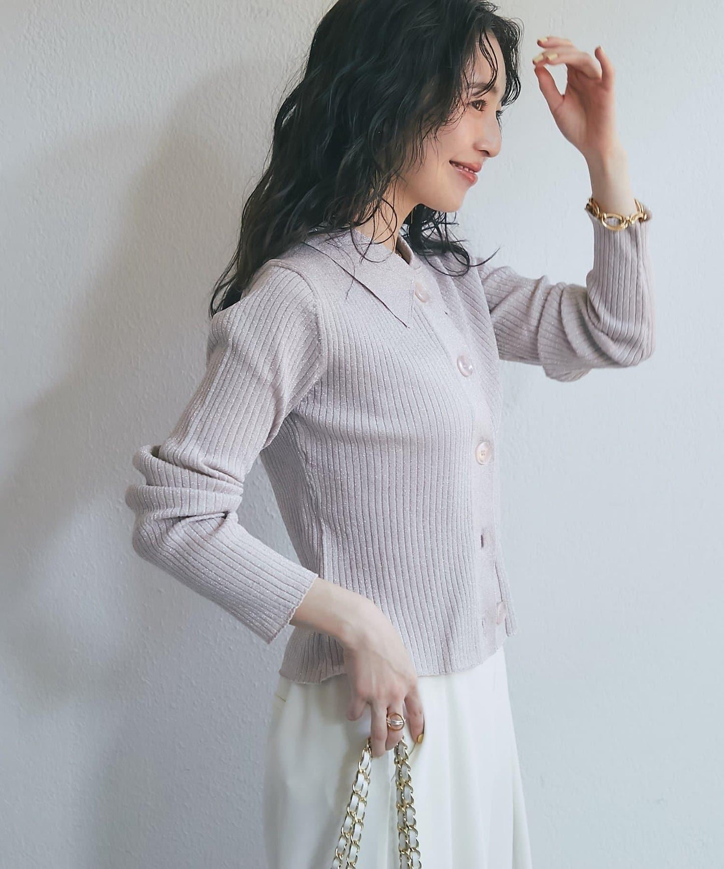 亮絲羅紋翻領開衫