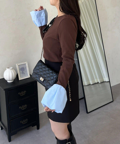 泡泡袖羅紋針織上衣