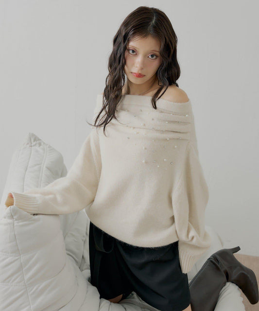 Chico 鑲鑽露肩安哥拉針織上衣