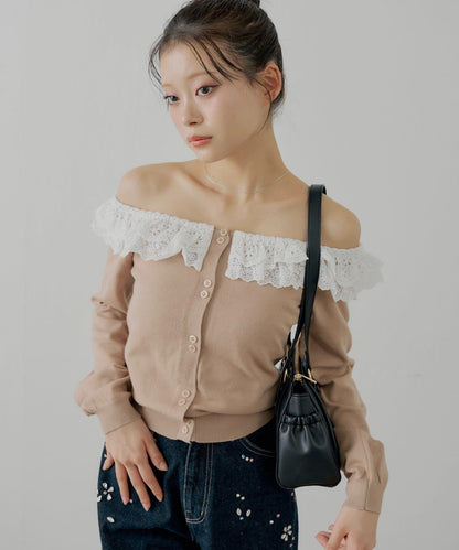 蕾絲層疊一字肩開衫
