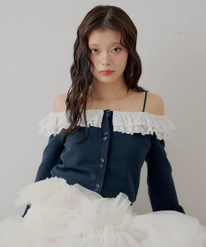 蕾絲層疊一字肩開衫