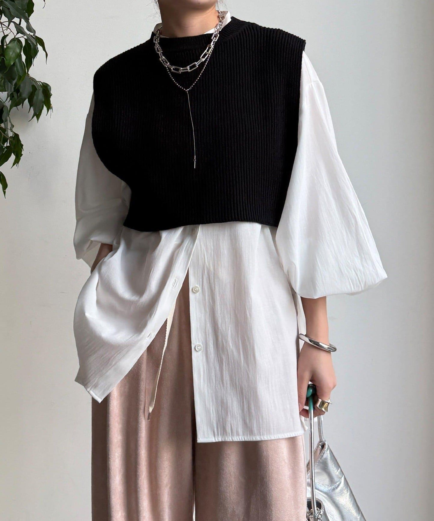 針織背心×襯衫套裝