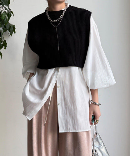 針織背心×襯衫套裝