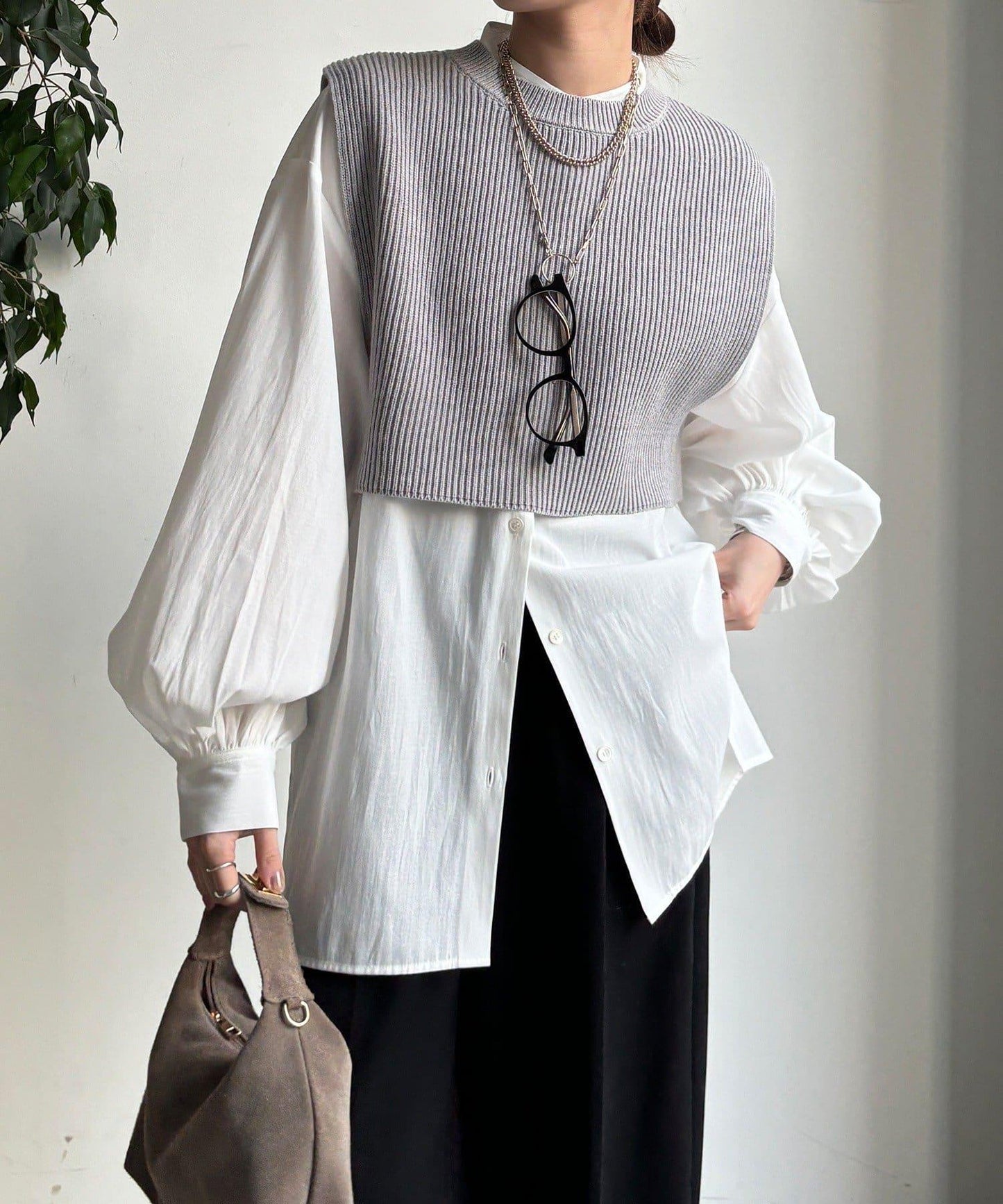 針織背心×襯衫套裝