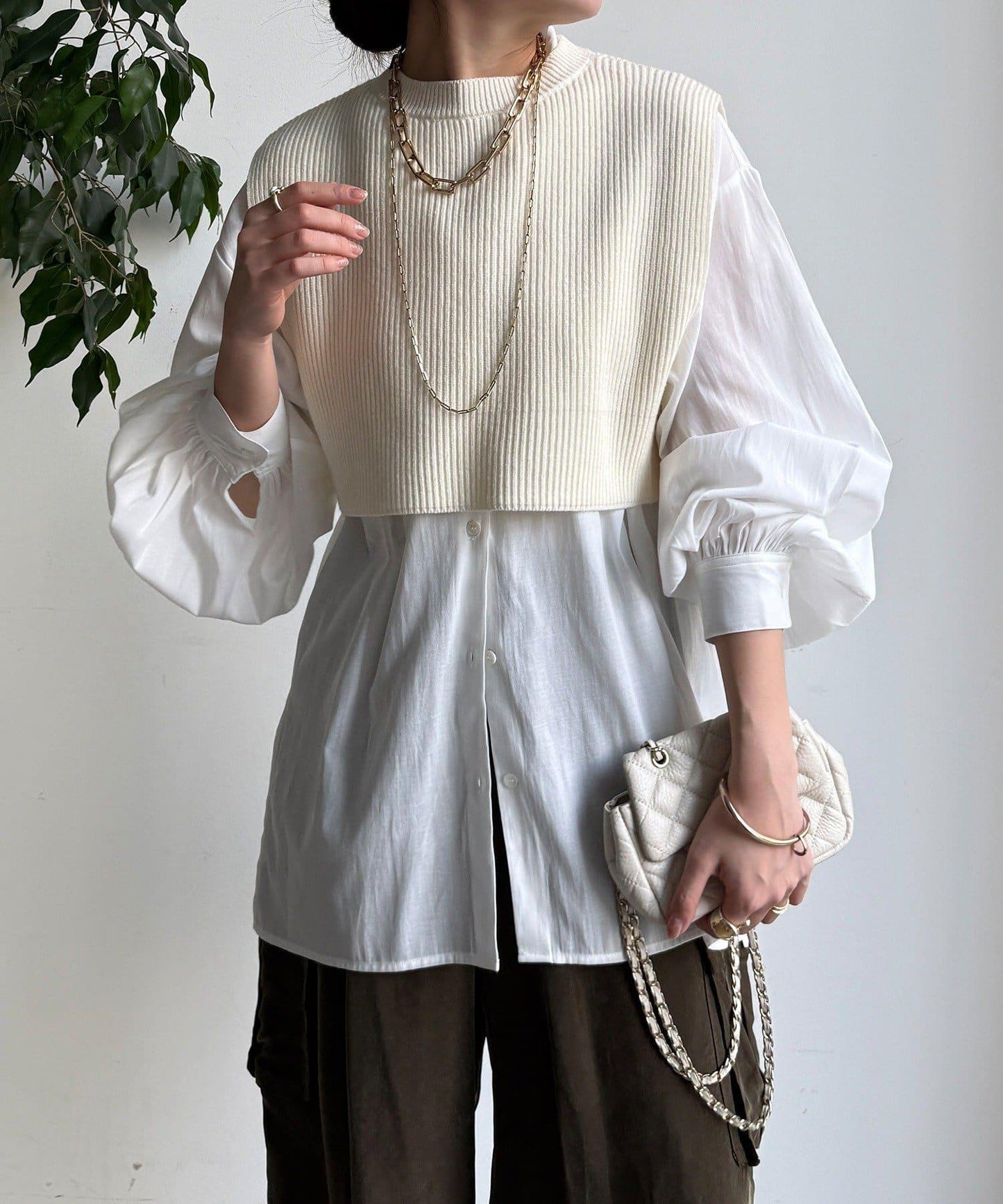 針織背心×襯衫套裝