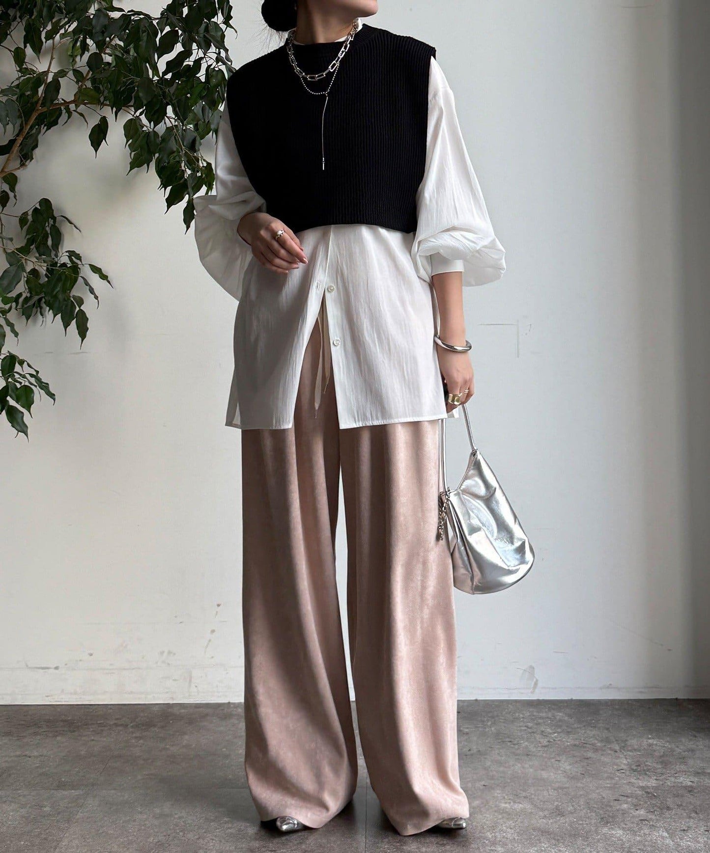 針織背心×襯衫套裝