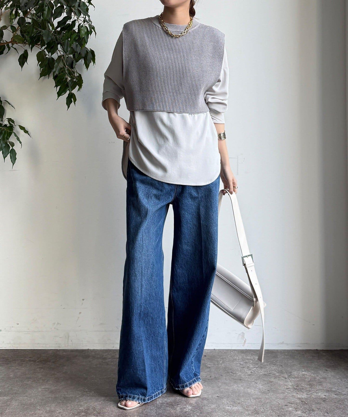 針織背心×襯衫套裝