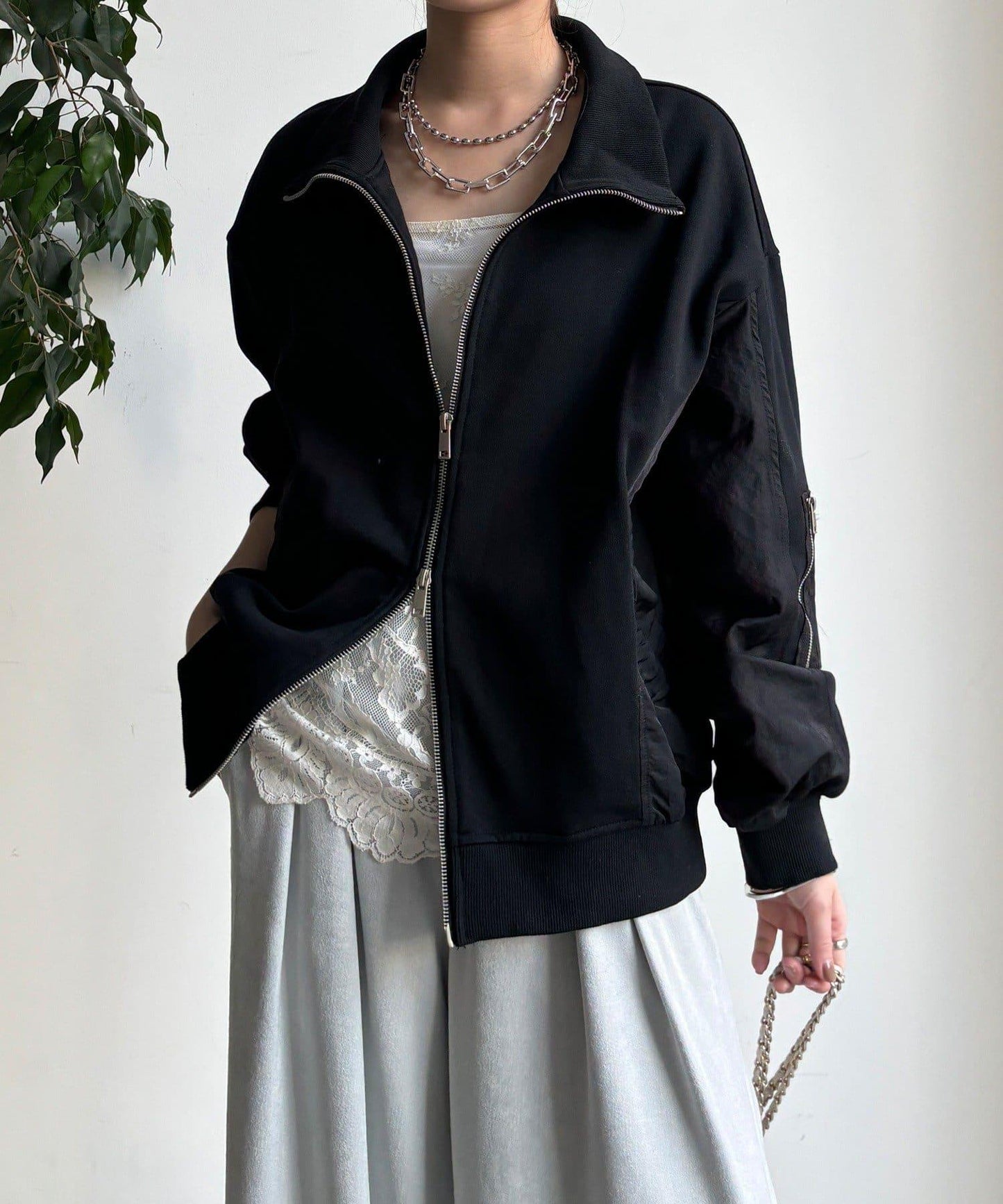 異材質拼接雙拉鍊夾克