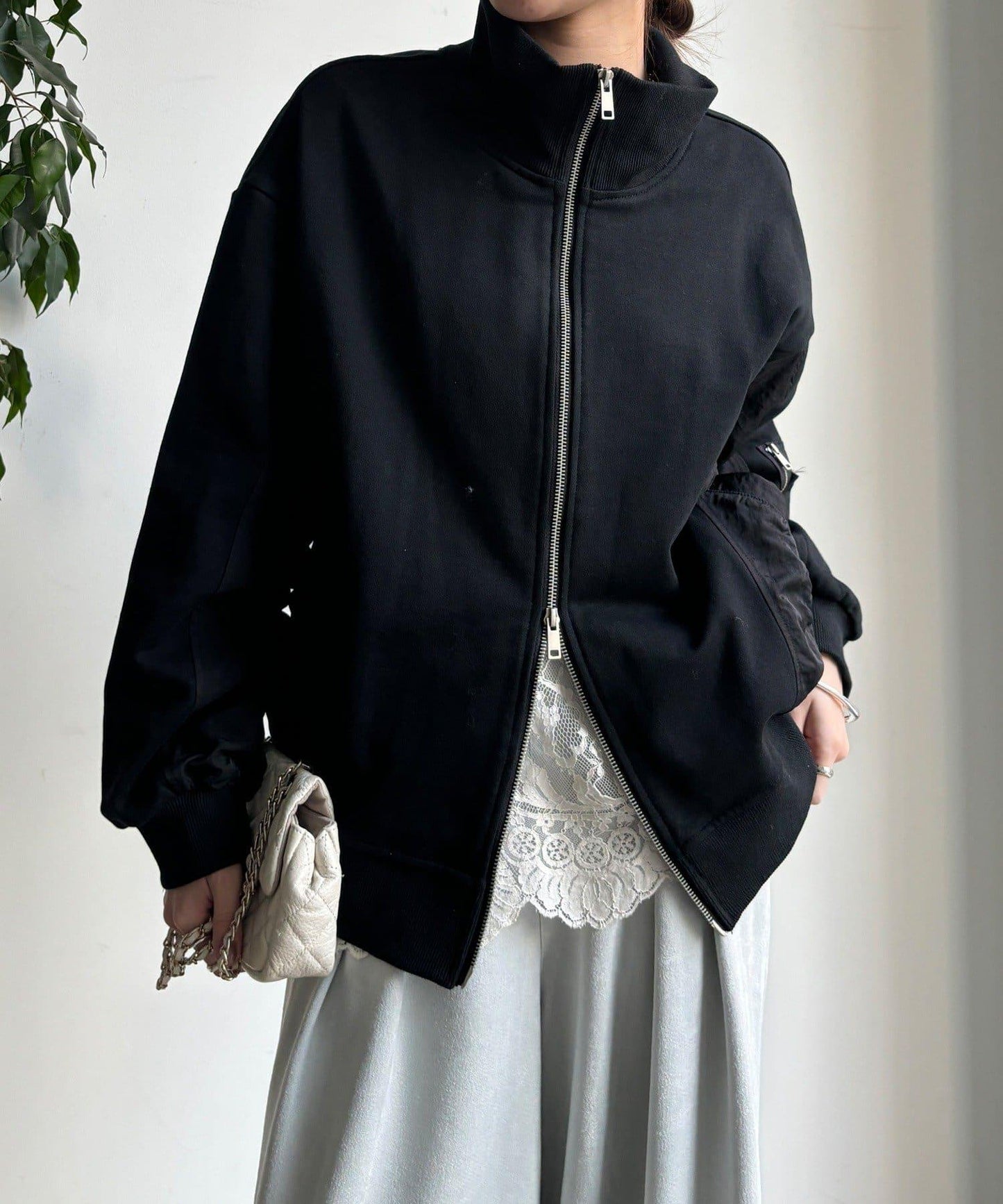 異材質拼接雙拉鍊夾克