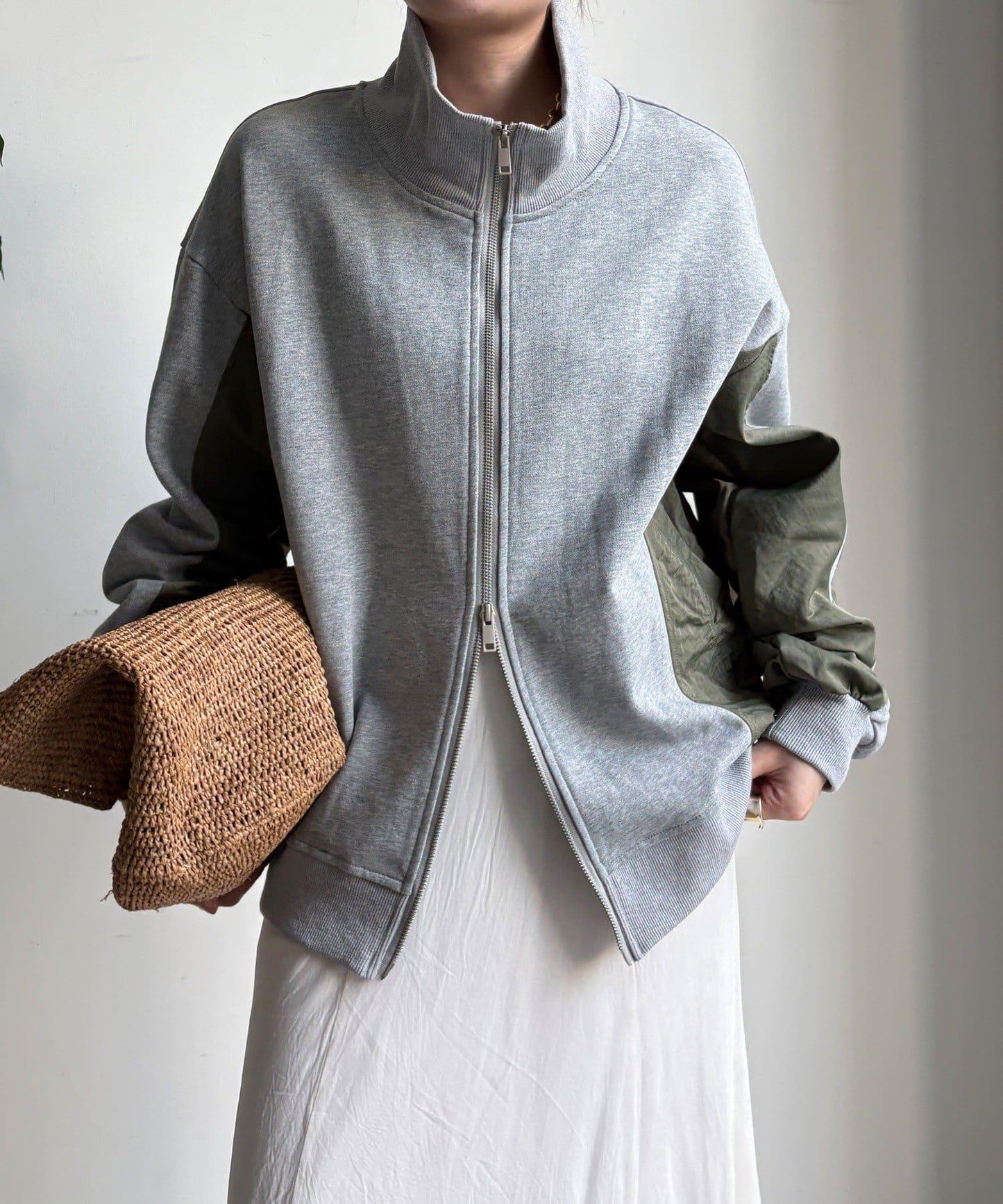 異材質拼接雙拉鍊夾克