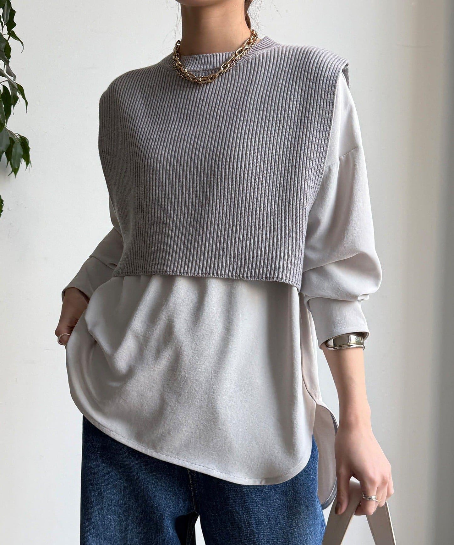 針織背心×襯衫套裝