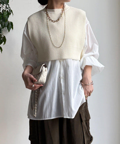 針織背心×襯衫套裝