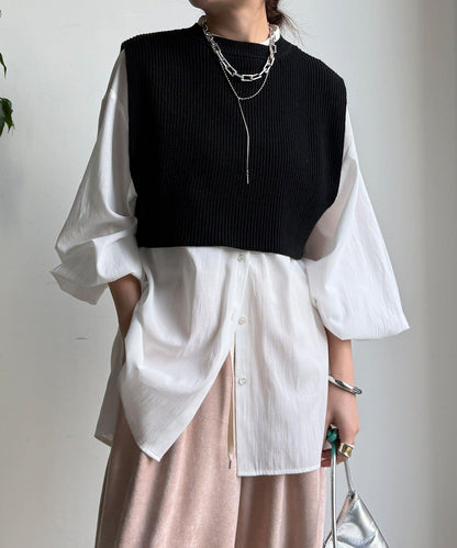 針織背心×襯衫套裝