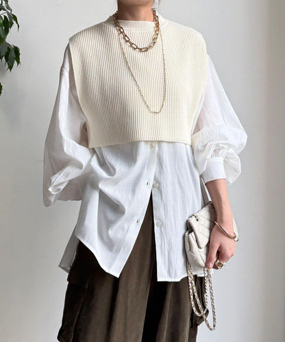 針織背心×襯衫套裝