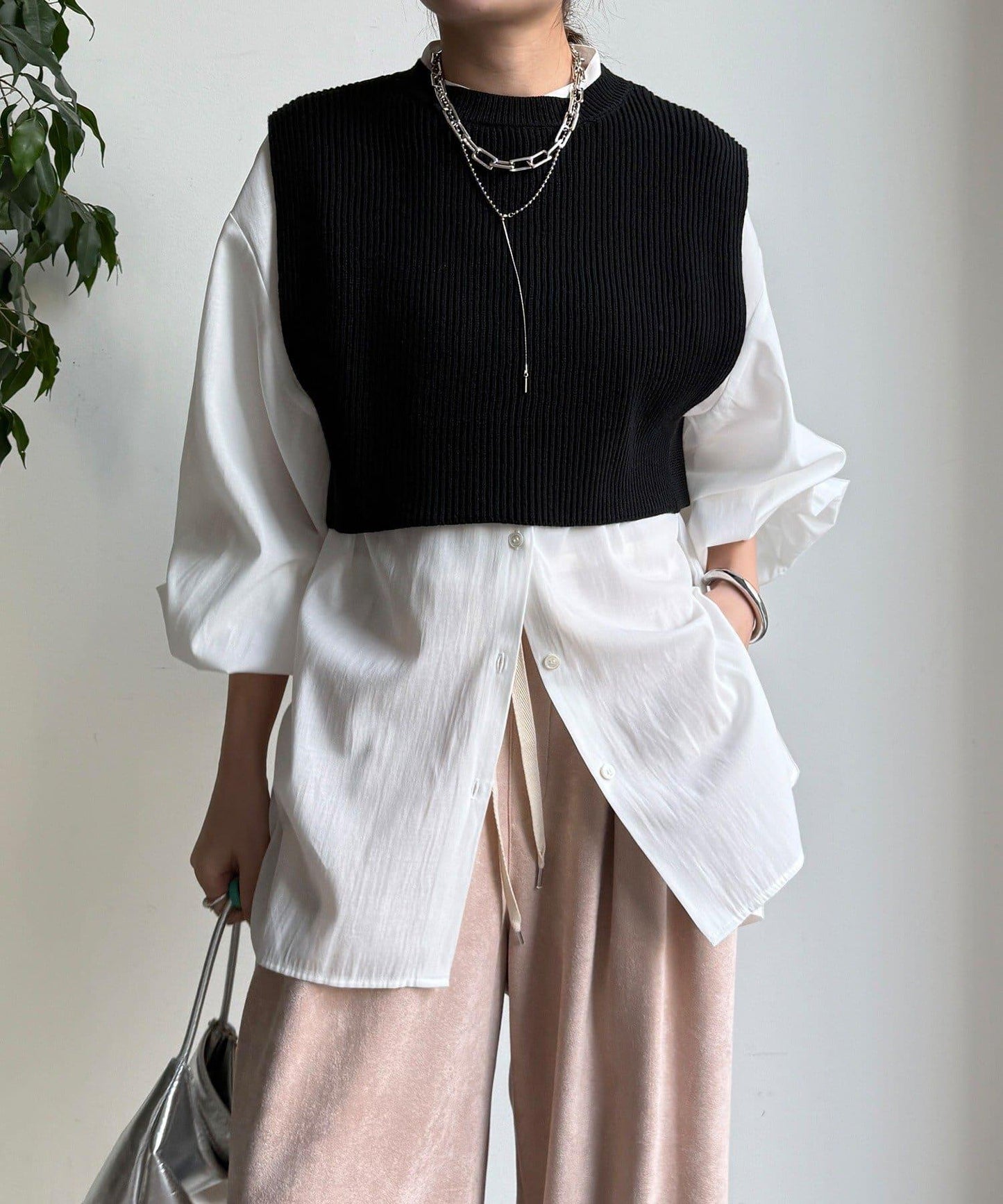 針織背心×襯衫套裝