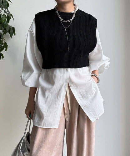 針織背心×襯衫套裝