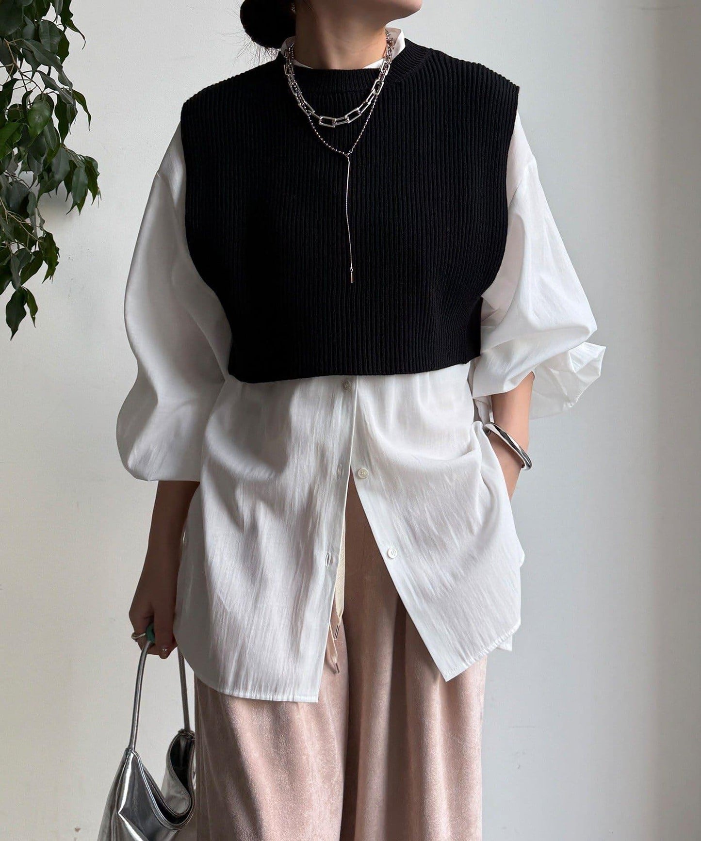 針織背心×襯衫套裝