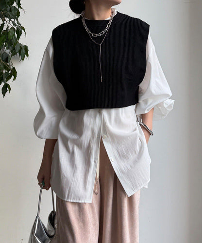 針織背心×襯衫套裝