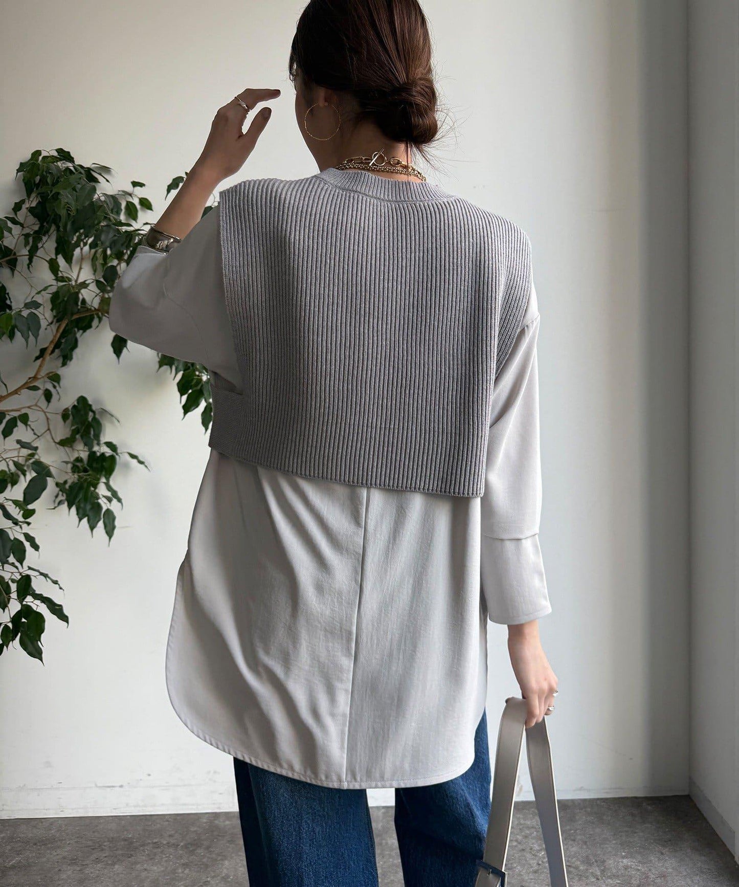 針織背心×襯衫套裝