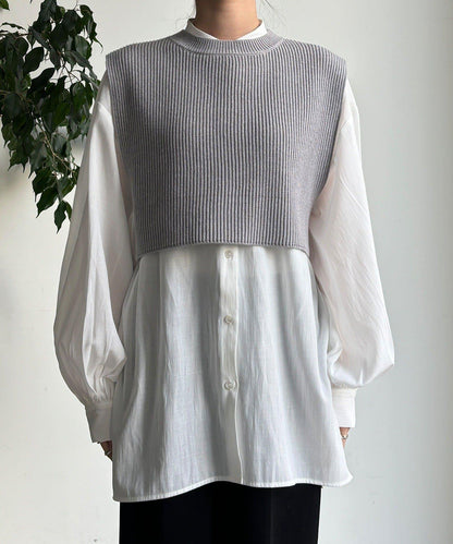 針織背心×襯衫套裝