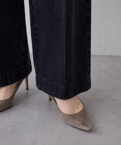 中線壓褶黑色牛仔褲