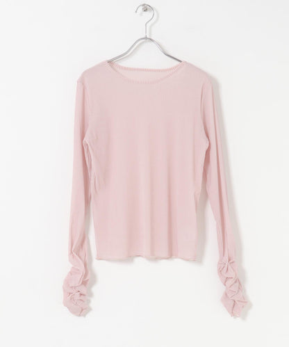 透視天鵝絨褶皺袖上衣