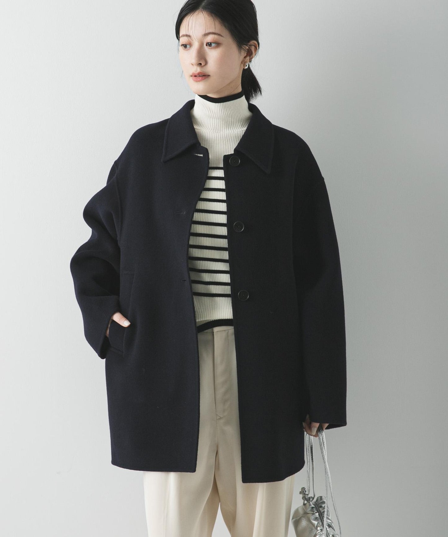 Super140羊毛單面翻領中長大衣