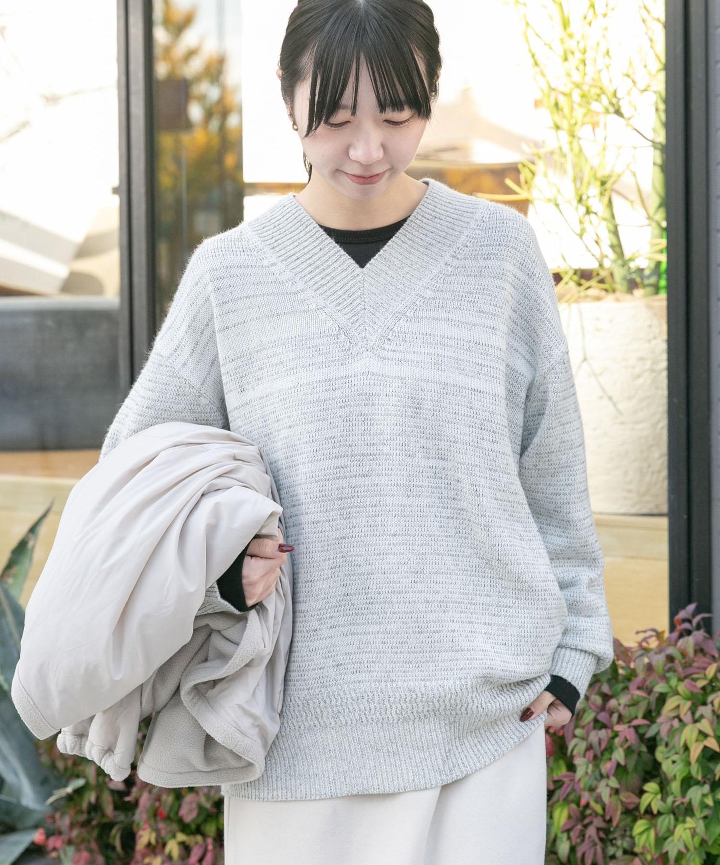 V領寬鬆條紋針織衫