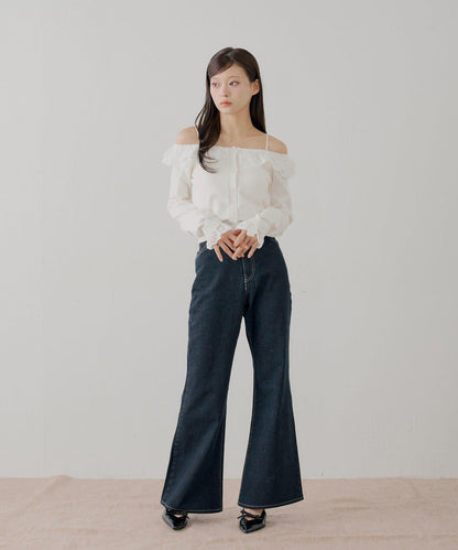 蕾絲層疊一字肩開衫