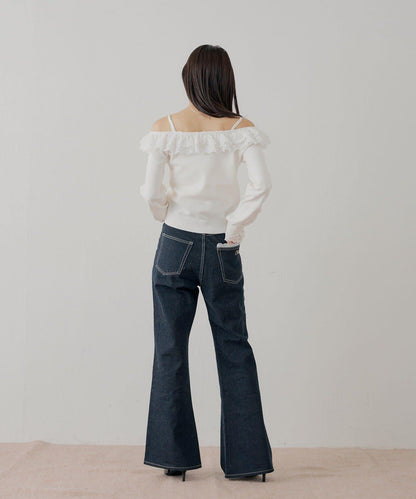 蕾絲層疊一字肩開衫