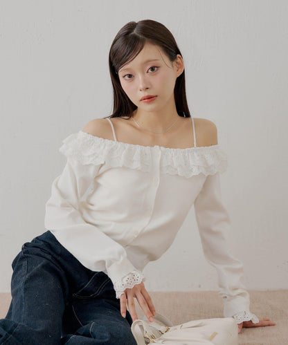 蕾絲層疊一字肩開衫