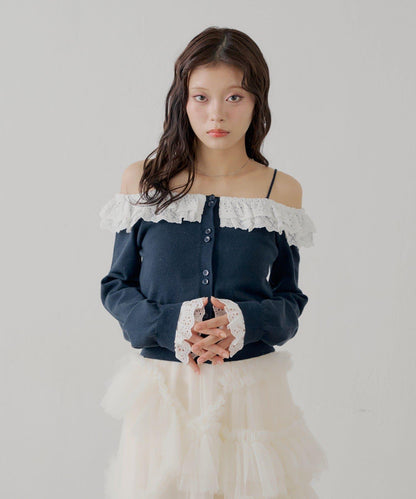 蕾絲層疊一字肩開衫