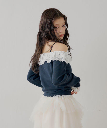 蕾絲層疊一字肩開衫