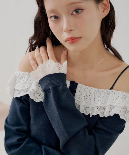 蕾絲層疊一字肩開衫