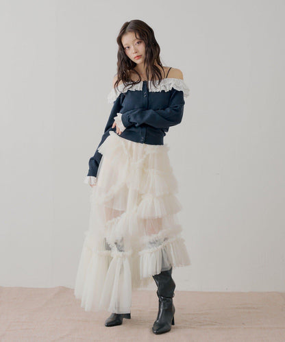 蕾絲層疊一字肩開衫