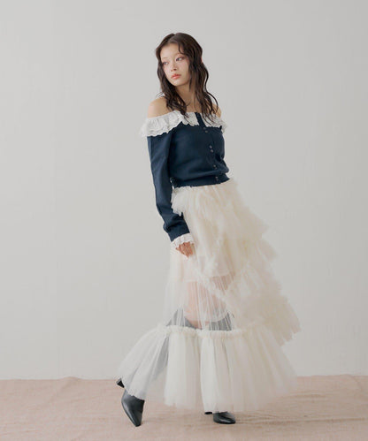 蕾絲層疊一字肩開衫