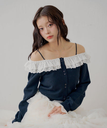 蕾絲層疊一字肩開衫