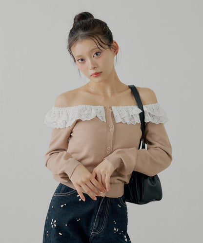 蕾絲層疊一字肩開衫