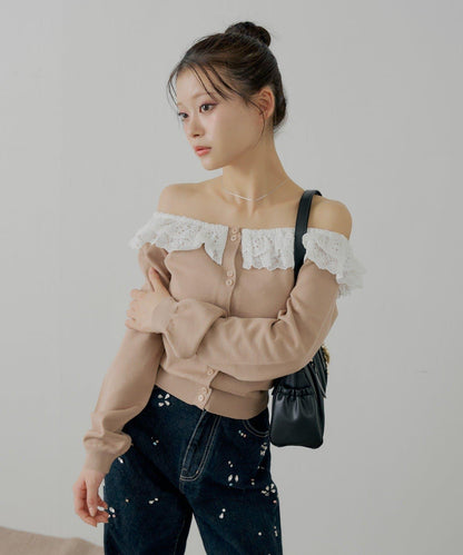 蕾絲層疊一字肩開衫