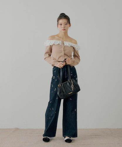 蕾絲層疊一字肩開衫